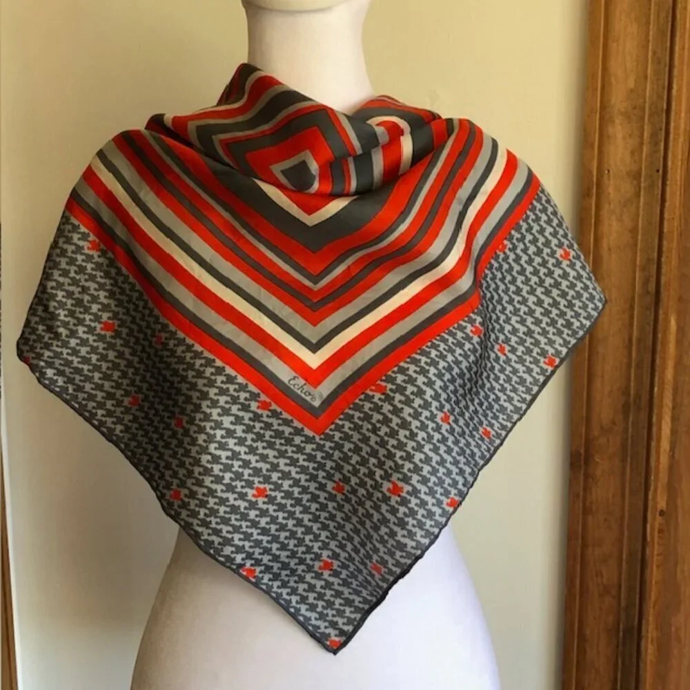 ECHO Silk Gray Red Square Scarf Vintage